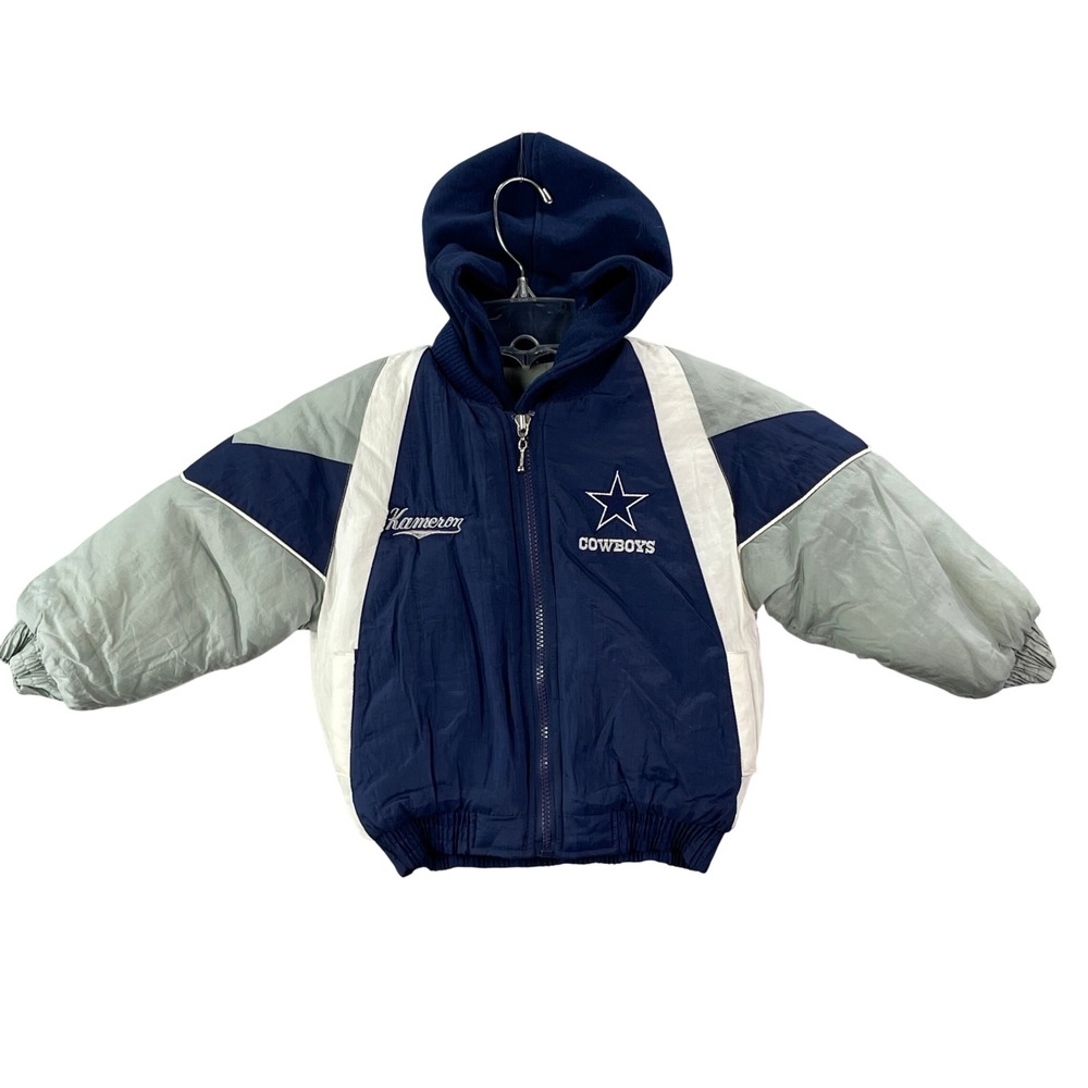 NFL Dallas Cowboys Puffer Jacket Kids 8/10 Blue Vintage Hooded Star Mighty-Mac